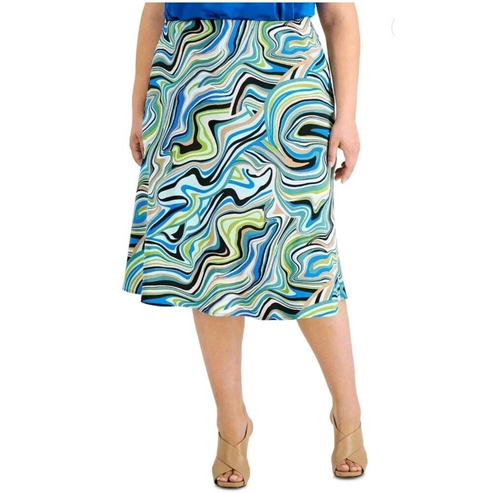 Bar III Plus Size Swirl Print A-Line Midi Psychedelic Aqua Marble Skirt Plus 16W